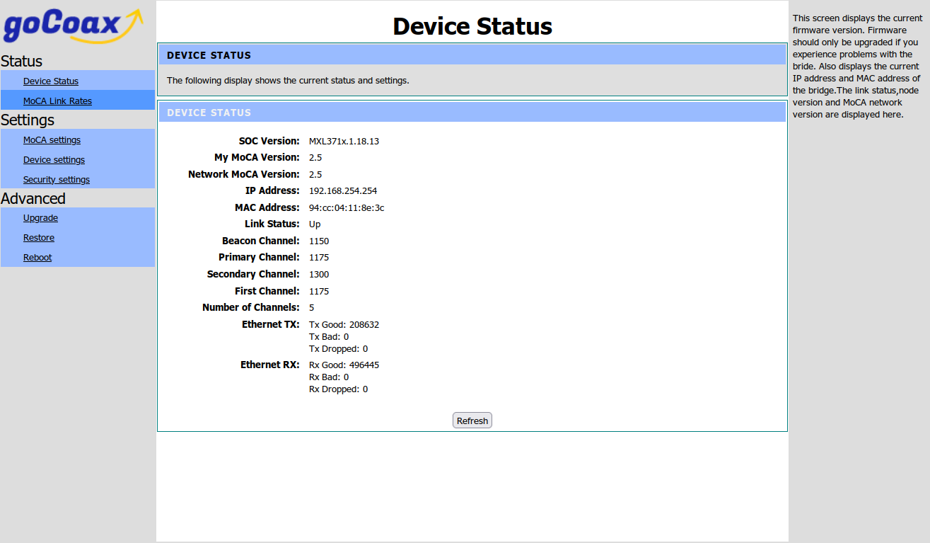Capture d’écran de l’interface d’administration web d’un convertisseur GoCoax MA2500D