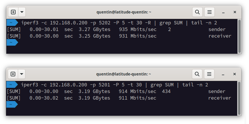 Capture d’écran de deux terminaux montrant deux mesures de débit concurrentes, réalisées grâce au logiciel iperf3
